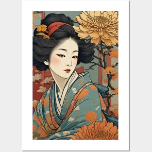 Japanese woman floral Posters and Art